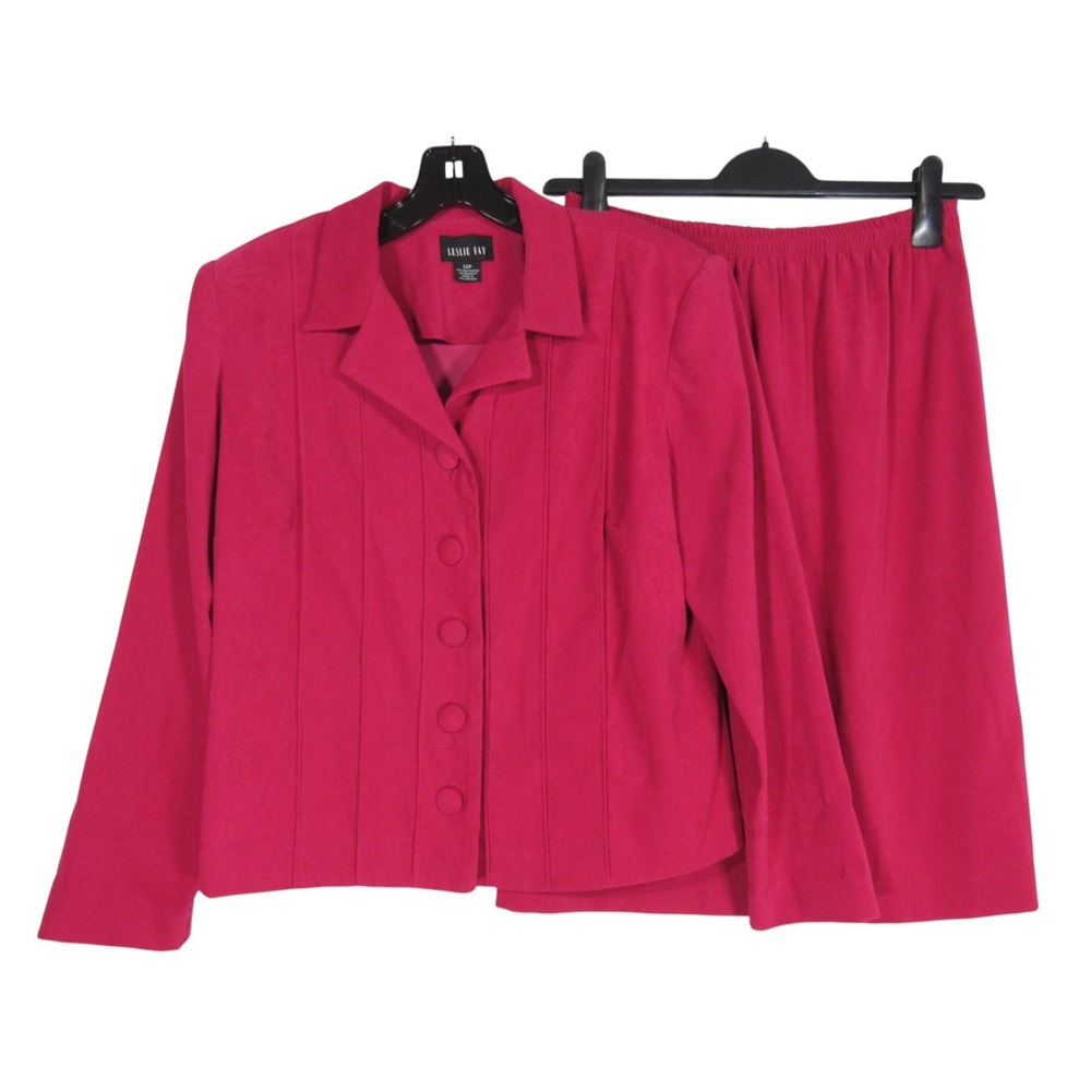 VTG LESLIE FAY PETITE Magenta MICROSUEDE Button-Up JACKET/SKIRT OUTFIT SUIT 12P